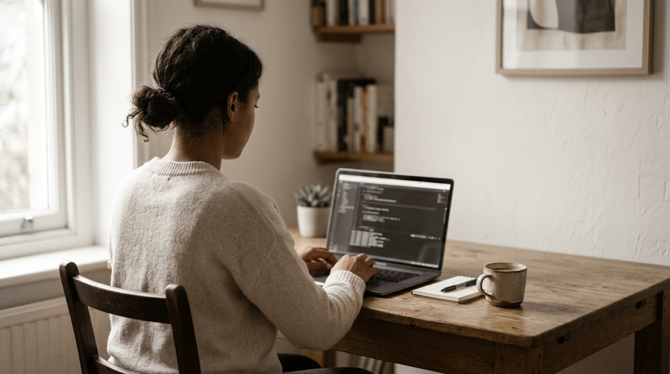 A developer working at a laptop with a terminal open, a notebook and a coffee cup on the desk.