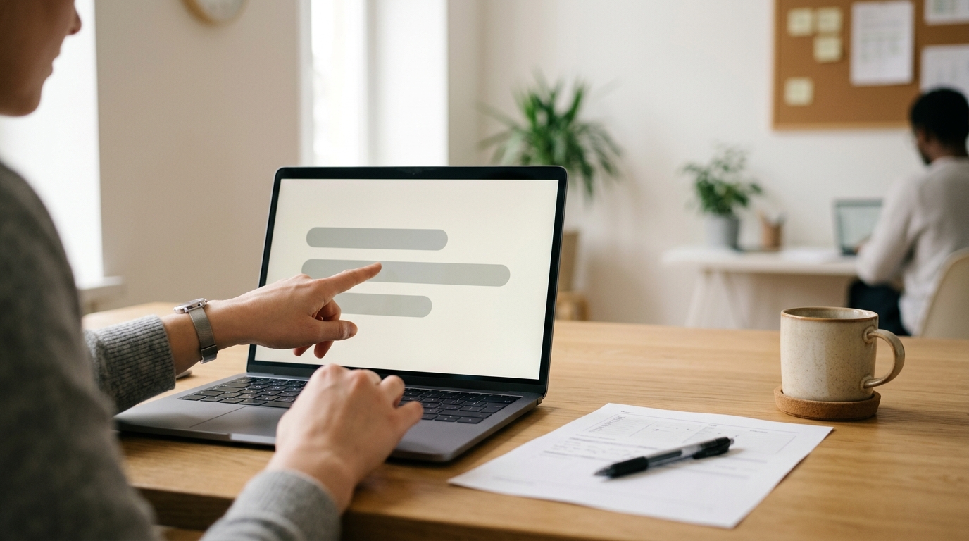 A person points at a simple bar chart on a laptop screen, next to a printed invoice and a coffee cup.