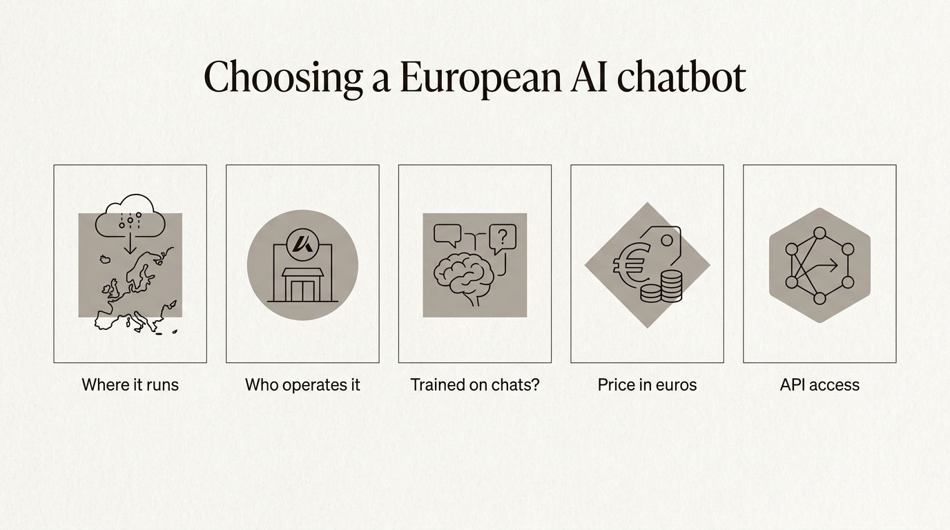 Five questions for choosing a European AI chatbot: where it runs, who operates it, whether it trains on chats, price in euros and API access.