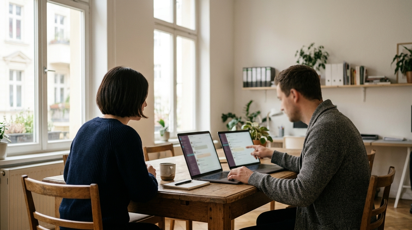Two colleagues at a wooden table in a bright office, comparing two AI chat apps on laptops side by side.