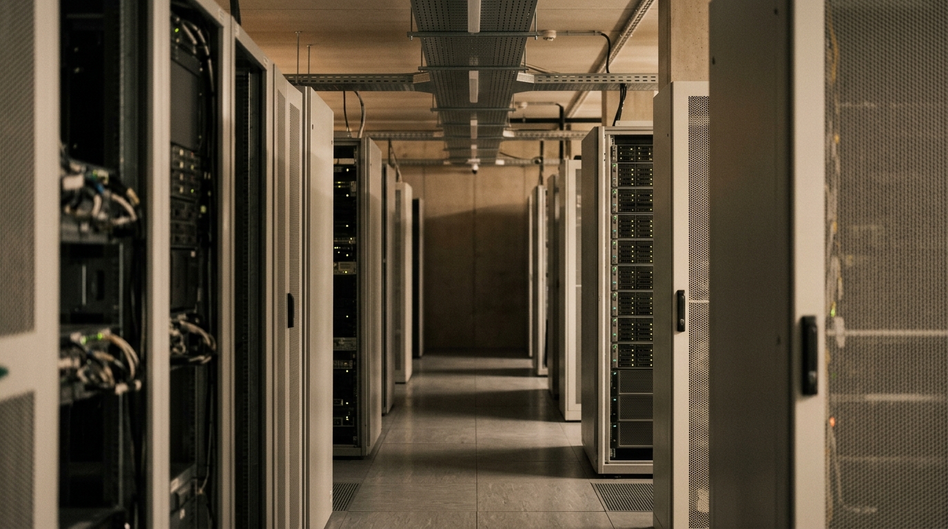 Quiet datacentre aisle with rows of server racks and small status lights.