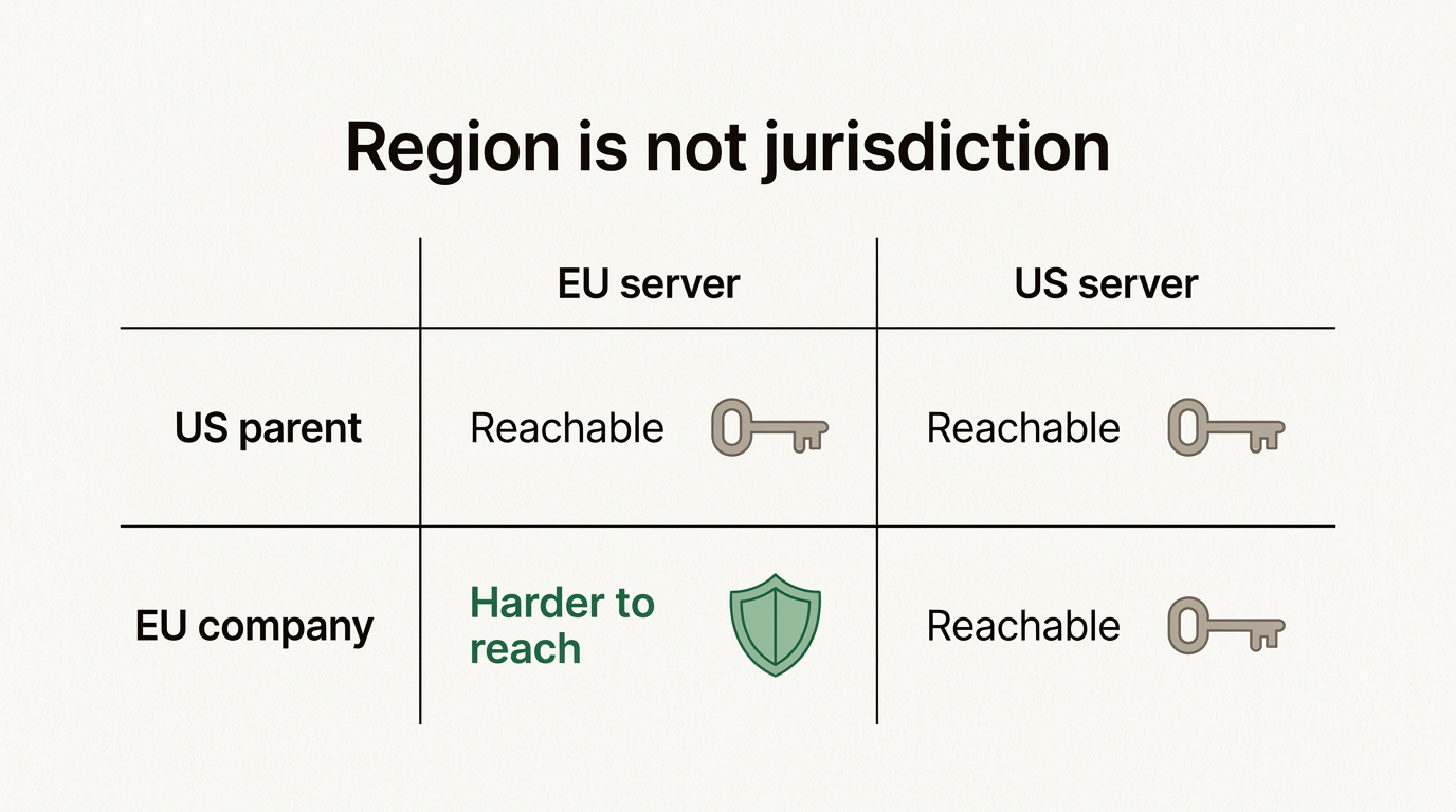 Two by two grid showing that data is reachable by US legal process whenever a US parent or a US server is involved.
