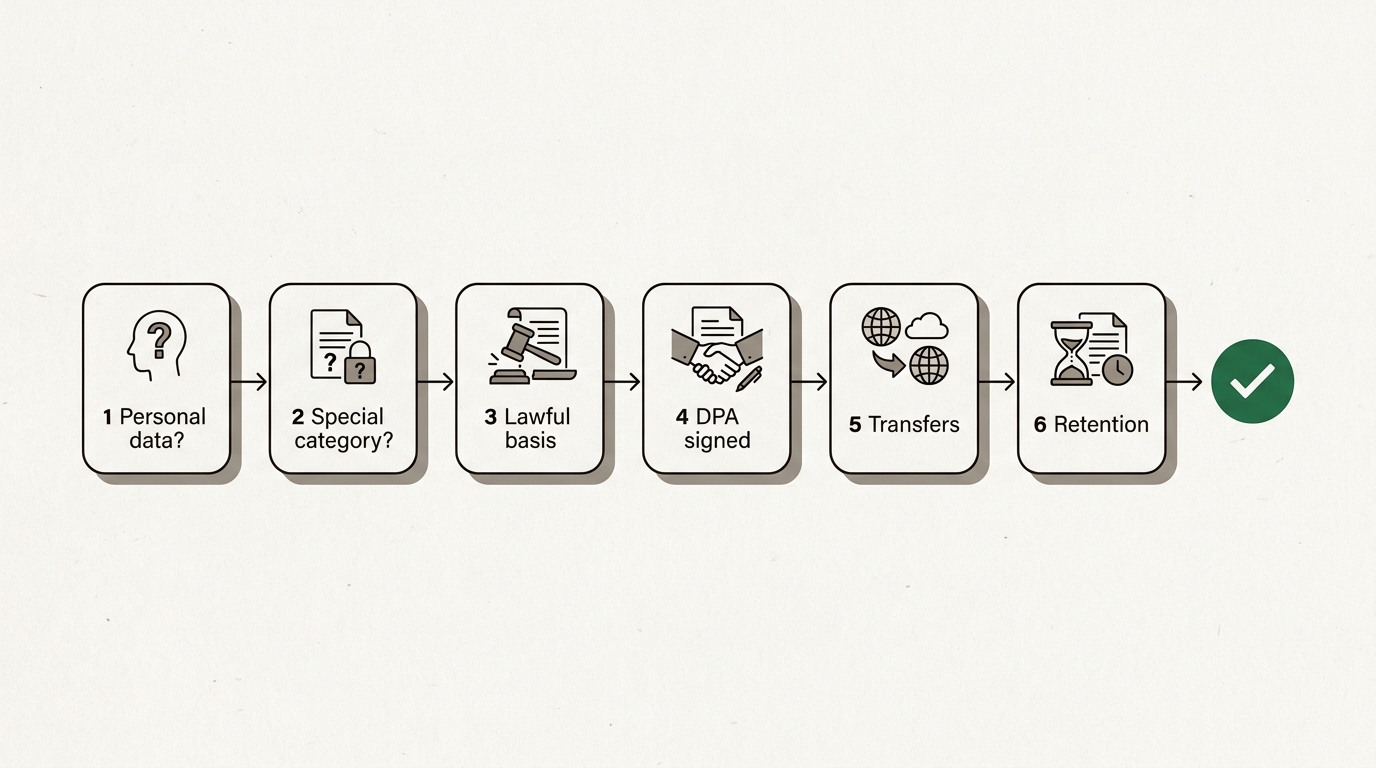 Six numbered checks in a row, from personal data to retention, ending in a green tick.