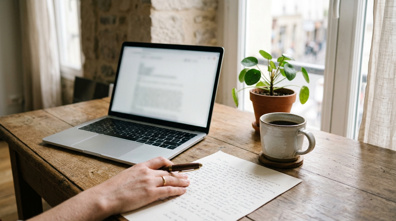A hand resting a pen on a printed letter next to an open laptop and a coffee cup on a wooden desk.