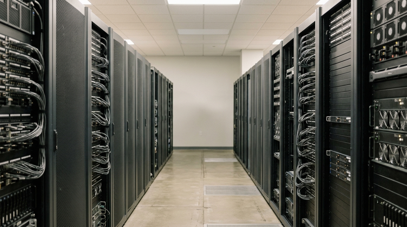 A quiet datacentre corridor with rows of server racks lit from above.