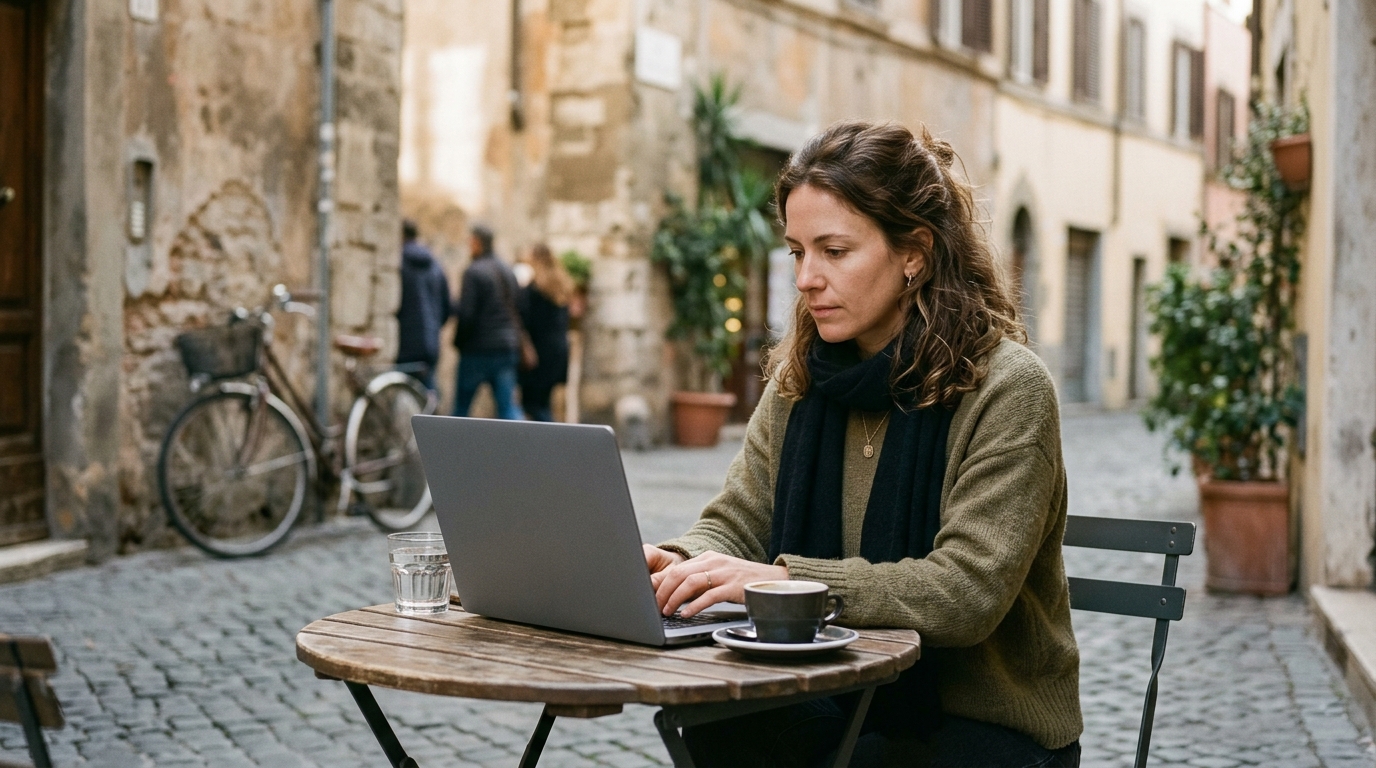 A woman typing on a laptop at a café table on a quiet European street.