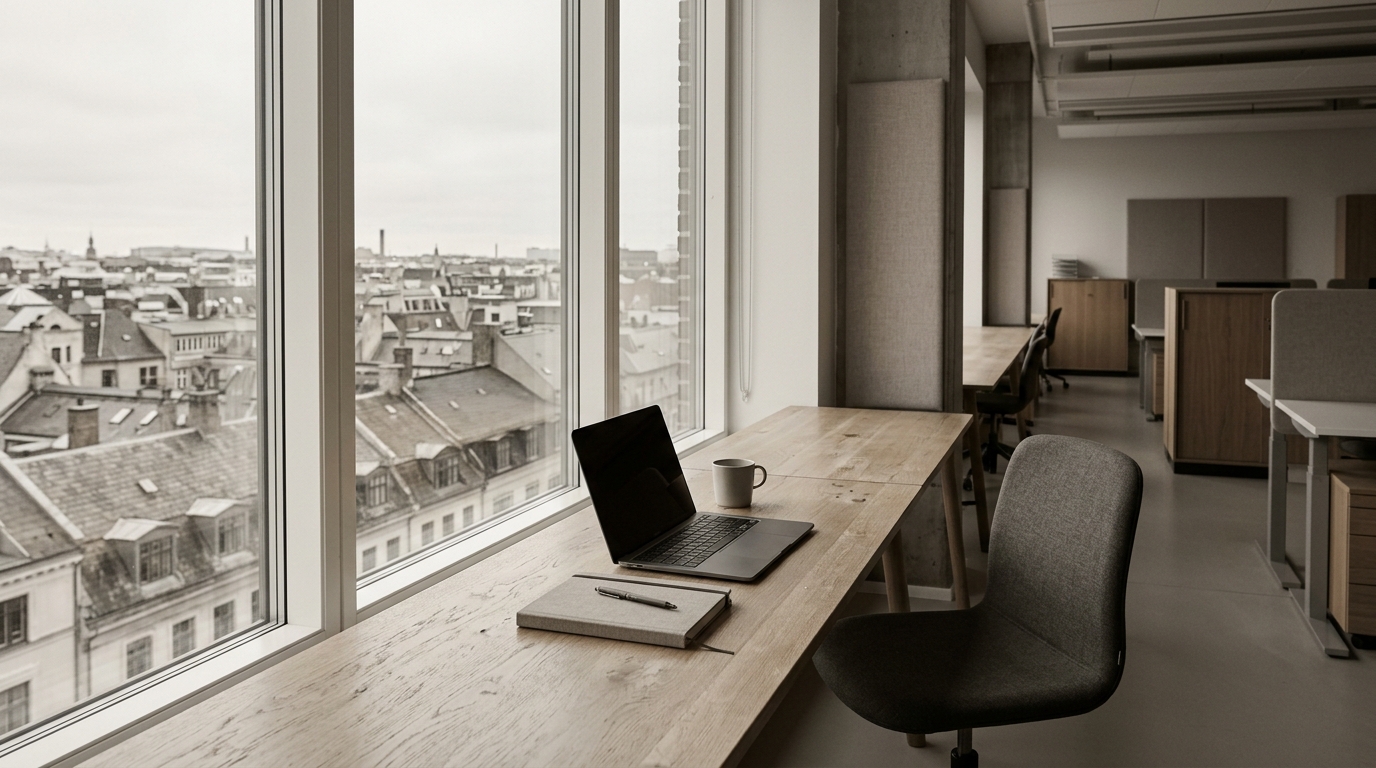 A quiet open-plan office in a European city, with a laptop on a wooden desk by a tall window.