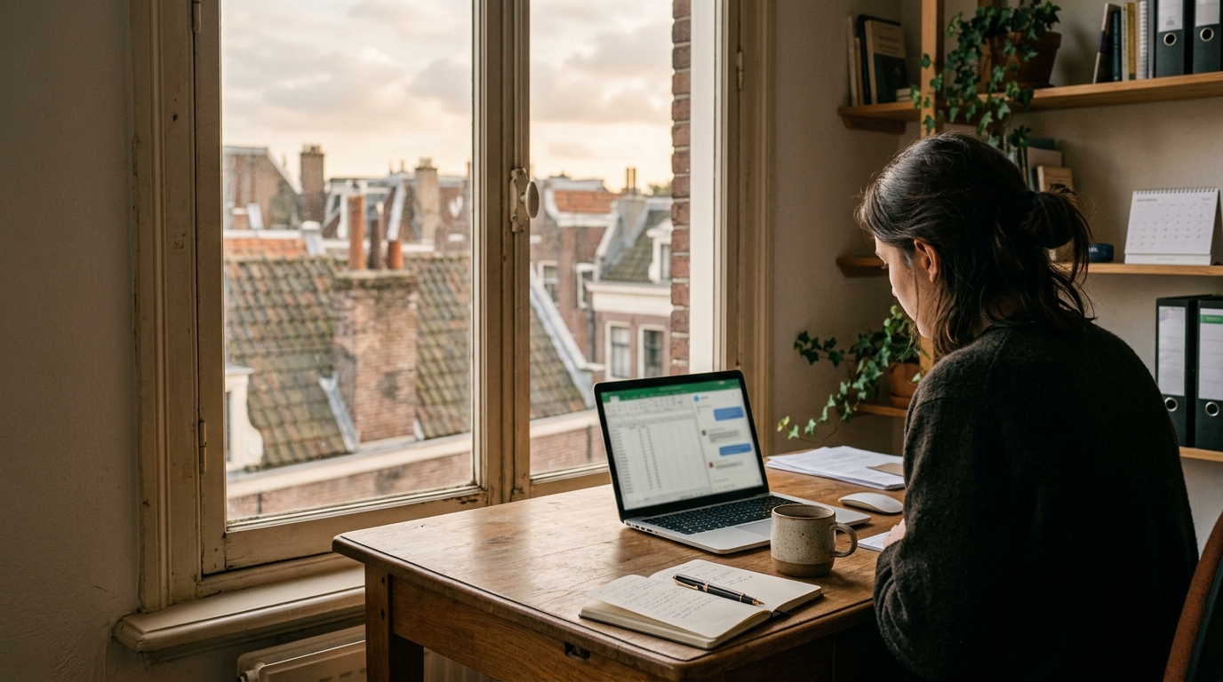 A person working at a laptop by a window overlooking old European rooftops.