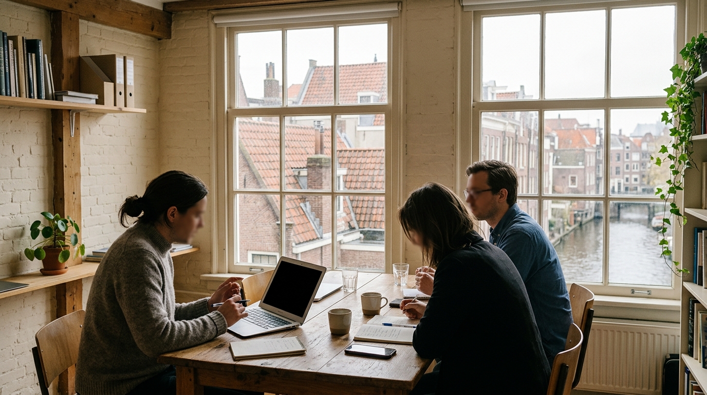 Three colleagues around a wooden table with a laptop, in an office overlooking a European canal.
