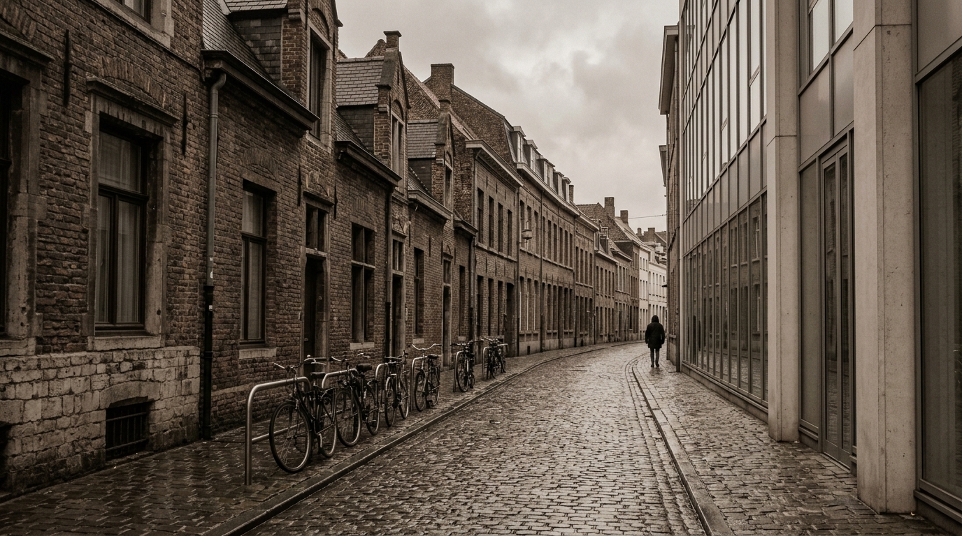 A street in a European city, older buildings beside plain modern offices, on an overcast day.