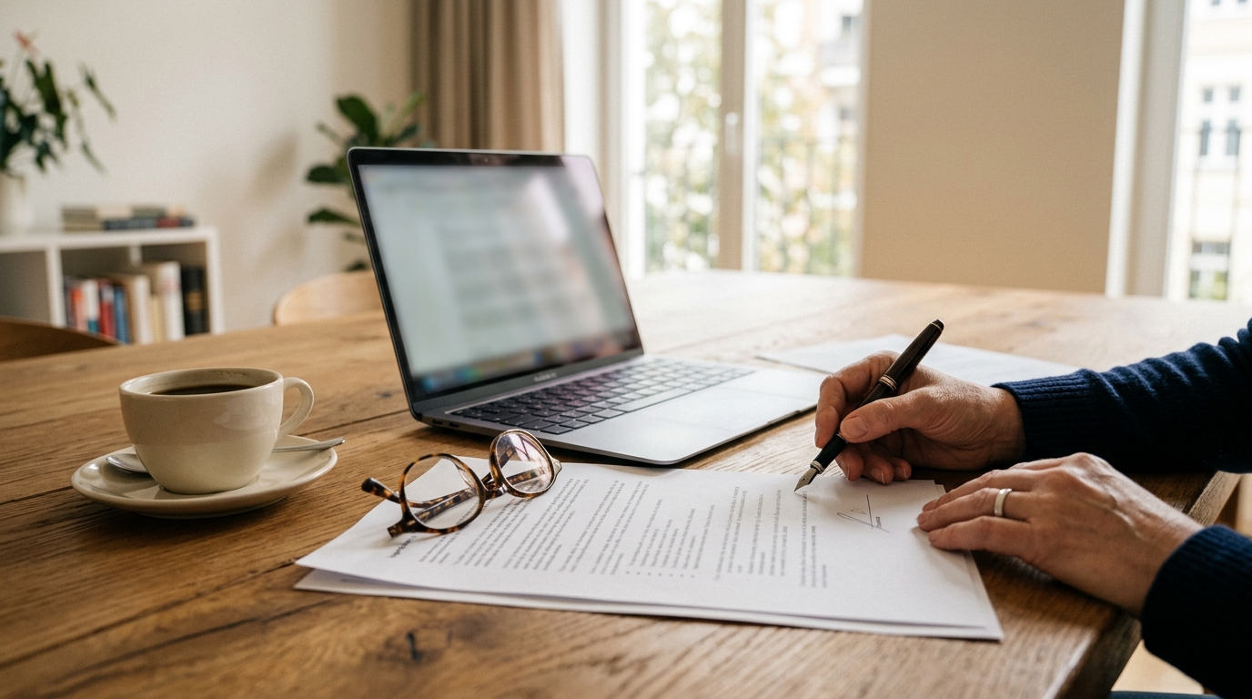 A hand signing a printed contract on a wooden table next to reading glasses, a coffee cup and a laptop.