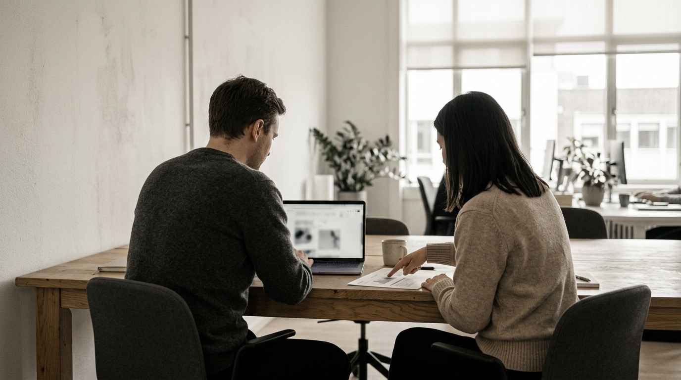 Two colleagues at a laptop in a bright office, working through a document together.