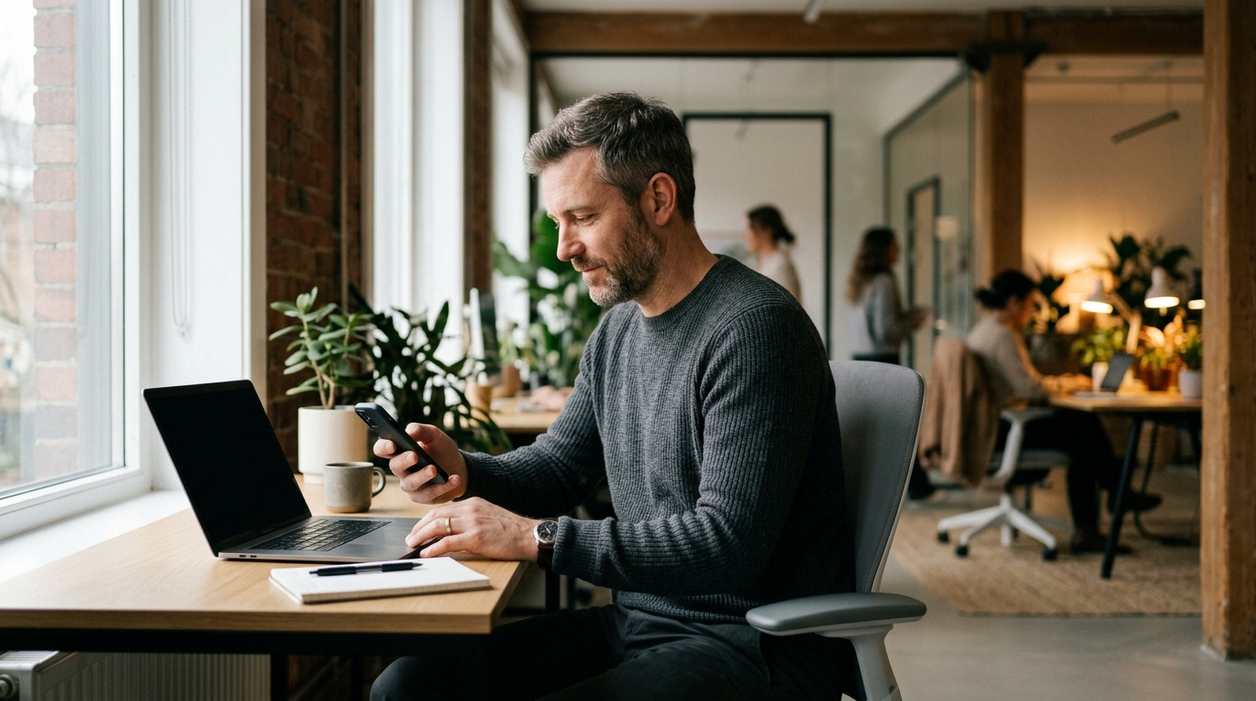 A man at an office desk glancing at his phone with a laptop open in front of him.