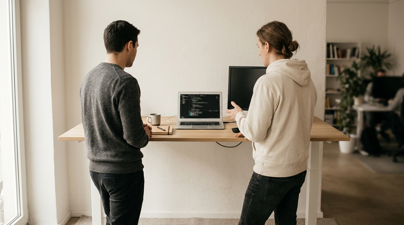 Two developers at a standing desk, reviewing code on a laptop screen.