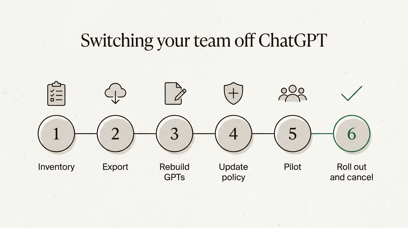 A six-step timeline for switching a team off ChatGPT: inventory, export, rebuild GPTs, update policy, pilot, roll out and cancel.