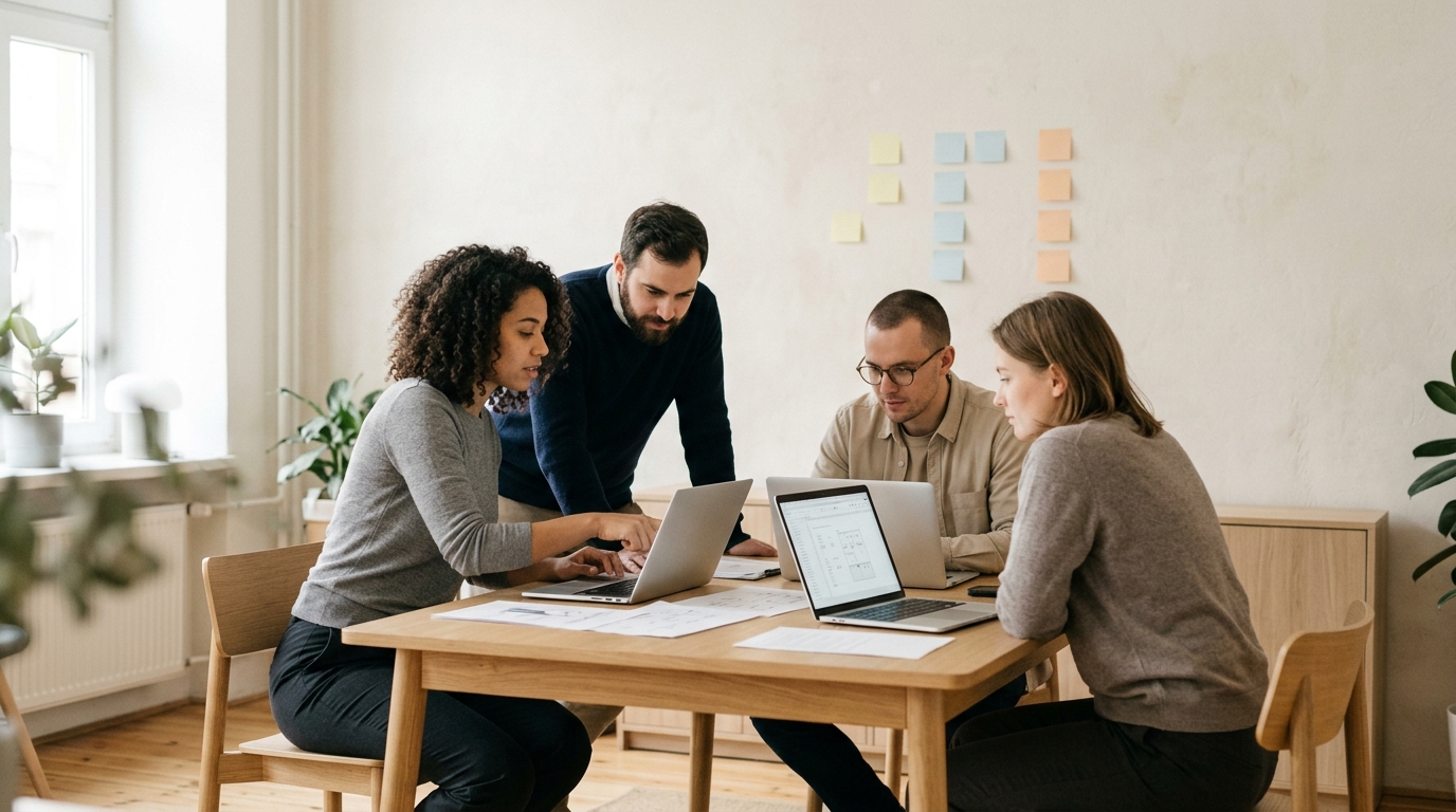Four colleagues at a table in a bright office, reviewing a plan together on two laptops.